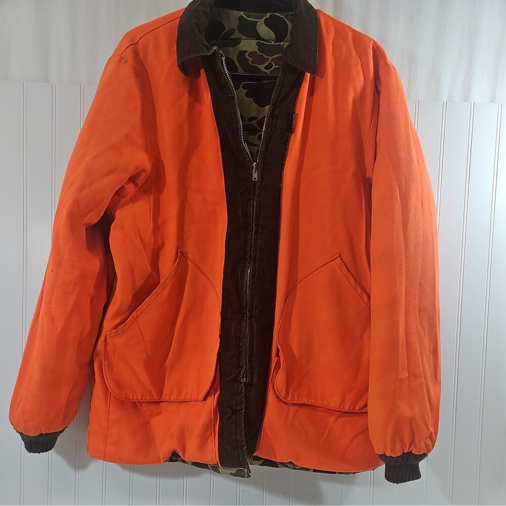 Vintage Camo Chore Coat Charles Daly Reversible Camo Hunting XL Orange